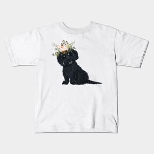 Black Dog with Flowers Kids T-Shirt